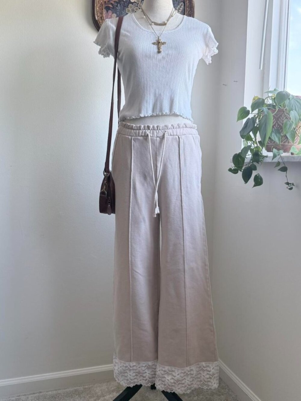Upcycled Abercrombie & Fitch Cream lace trim coquette sweatpants